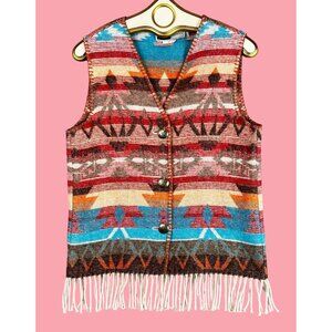Womens Fall Soft Wool Blend Blanket Vest Fringe Western Aztec Pattern Outerwear